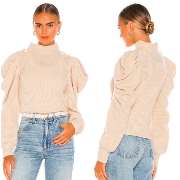 LoveShackFancy- Beige Potter Sweater Size S Cashmere Puff Sleeve Fall Fashion - Picture 2 of 11